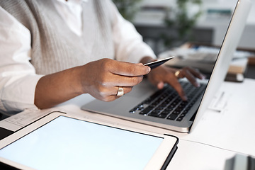 Image showing Business woman, hands and credit card for laptop banking, ecommerce and financial accounting in office. Closeup of worker, online finance and computer payment for budget, fintech and digital economy