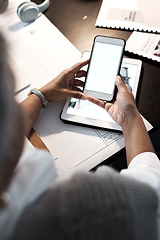 Image showing Mockup, holding and woman reading on a phone screen, communication and email at work. Contact, information and above of a business employee with a mobile for an app, internet and online branding