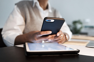 Image showing Smartphone, woman hands and technology management for business networking, social media or email communication. Professional worker, person or digital internet manager using phone, mobile app or chat