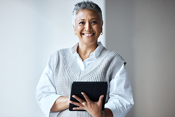 Image showing Tablet, portrait and business woman in the office doing research for a corporate project. Happy, smile and professional senior female employee with a mobile device for company report in the workplace