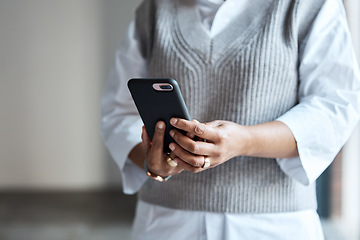 Image showing Communication, email and hands of an employee with a phone for social media and work contact. Website, connection and business worker reading on a mobile for an app, internet and chat online