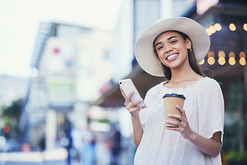 Image showing Happy woman, phone and coffee on a city road for communication, travel and 5g network. Fashion person outdoor for urban journey, taxi contact or social media while online with smartphone outdoor