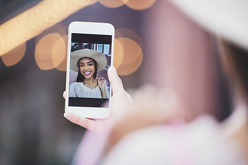 Image showing Phone selfie, fashion and woman on screen for social media update, live streaming or online shopping tips in bokeh. Smartphone of influencer, person or gen z user on profile picture or video call app