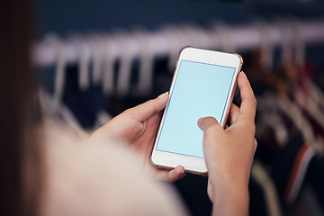Image showing Phone mockup, fashion and woman with online shopping, e commerce or fintech for retail store management or sales. Smartphone screen, clothes boutique and person for customer experience on mobile app