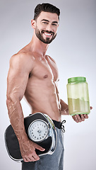 Image showing Protein shake, fitness and scale with portrait of man for workout, muscle and weight loss. Diet, gym and training with athlete and powder for sports, exercise and nutrition in gray studio background