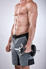 Image showing Fitness, health or man with a dumbbell in hand for exercise, training or gym workout for body goals. Sports motivation, hands or healthy bodybuilder weightlifting for strong biceps isolated in studio