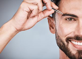 Image showing Cosmetics, man and eyebrows tweezers for skincare, beauty and grooming on grey studio background. Portrait, male and gentleman with hair removal, morning routine and treatment for wellness on backdro