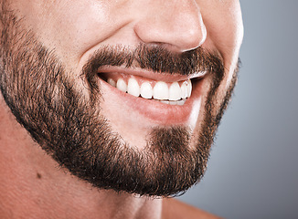 Image showing Smile, dental health and mouth of a man with teeth isolated on grey studio background. Happy, showing and beard of a model with results from tooth whitening, dentist cleaning and hygiene on backdrop