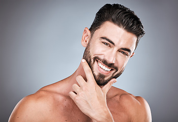 Image showing Skincare, teeth and health, portrait of man with smile, hands on face and beard or dental maintenance. Fitness, spa facial care, happy male model with muscle in studio isolated on grey background.