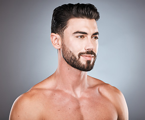 Image showing Skincare, health profile picture of man with smile, grooming and hair or beard maintenance. Fitness, health and spa facial care, happy male model with muscle in studio isolated on grey background.