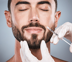 Image showing Face injection, man and aesthetic for skincare, collagen and beauty process in studio. Cosmetics, needle and male plastic surgery for botox transformation, medical change and facial prp on background