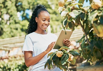 Image showing Black woman, tablet and smile for agriculture, organic production or sustainability at farm. Happy African American female farmer with touchscreen for growth or sustainable farming in the countryside