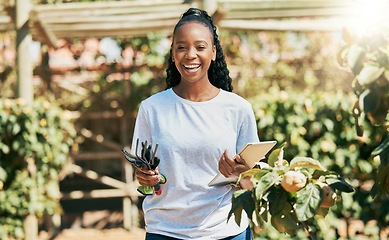 Image showing Black woman, tablet and portrait smile for agriculture, eco friendly or sustainability at farm. Happy African American female with touchscreen and garden tools for sustainable countryside farming