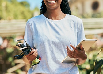 Image showing Woman, hands or gardening equipment with tablet for plant growth management, agriculture or sustainability work. Smile, happy or farmer and technology, tools or environment rake for field development