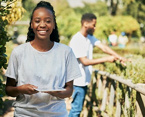 Image showing Black woman, tablet and portrait smile for agriculture, farming or gardening for sustainability. Happy African American female holding touchscreen smiling for green growth or eco friendly environment