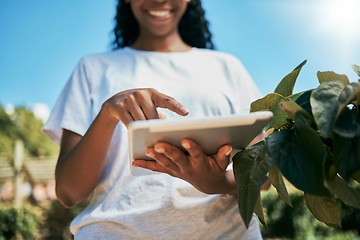 Image showing Black woman, hands and tablet with smile for agriculture, eco friendly or sustainability at farm. Hand of African American female holding touchscreen for growth or sustainable countryside farming