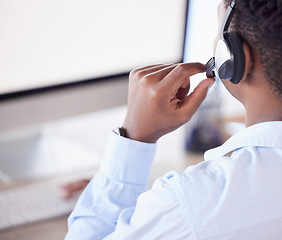 Image showing Back of man, call center and customer service on computer for crm telemarketing support. Sales consulting, help desk consultant or lead generation on headset, desktop website or telecom communication