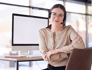 Image showing Telemarketing, portrait and woman in call center with computer mockup for contact on internet. Sales agent, consultant and desktop technology in office for telecom, crm questions and website support