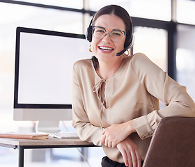 Image showing Customer service, happy portrait and woman in call center with computer mockup for contact on internet. Sales agent, consultant and smile on desktop technology for telecom, consulting and web support