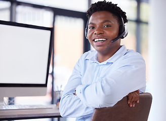 Image showing Customer service, happy portrait and black man in call center with computer mockup for website contact. Sales agent, consultant and smile on desktop technology of telecom, consulting and help support