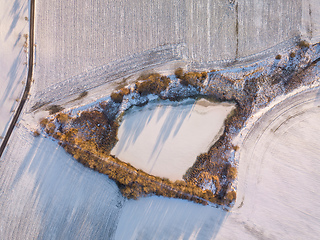 Image showing Aerial top down view of beautiful winter forest treetops.