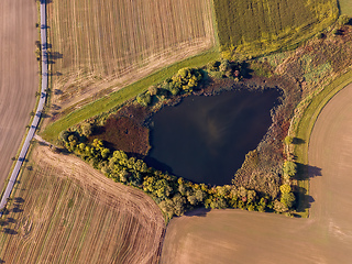 Image showing Aerial top down view of beautiful summer pond