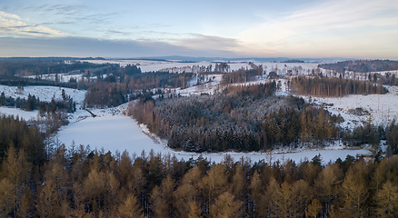 Image showing Aerial top down view of beautiful winter forest treetops.