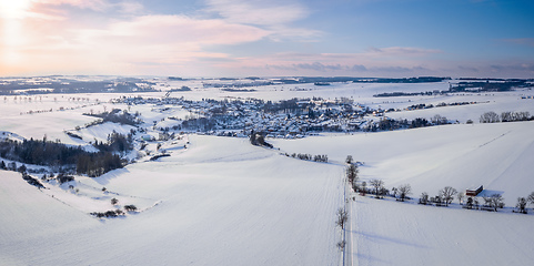 Image showing Aerial view of village with residential buildings in winter.