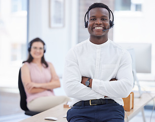 Image showing Proud, call center and people consultant, telemarketing agent or crm communication worker in telecom excellence. Professional black man or employees in office consulting or virtual support portrait