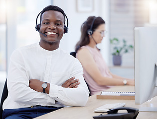 Image showing Proud, call center and black man consultant, telemarketing agent or crm communication worker, telecom and smile. Professional person in office online consulting, networking or chat support portrait