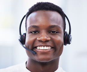 Image showing Face, call center and black man consultant, telemarketing agent or crm communication worker, telecom and smile. Technical support, virtual and portrait of african person consulting in video call chat