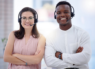 Image showing Portrait, call center and diversity people consultant, telemarketing agent or crm communication in telecom. Proud, contact us and teamwork of black man or employees in office virtual support success