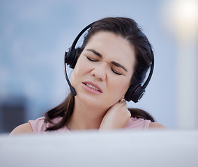 Image showing Stress, neck pain or consultant in call center with burnout, fatigue or bad ache at customer services. Posture problem, muscle tension or tired sales woman in telemarketing or communications company