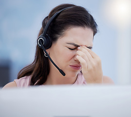 Image showing Stress, headache or woman in call center with burnout, fatigue or migraine pain at customer services. Anxiety, depression or sick sales consultant in a crm telemarketing or communications company