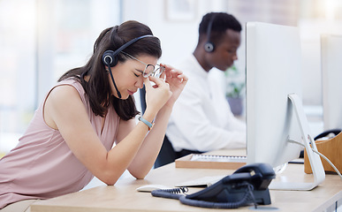 Image showing Stress, headache and call center woman with burnout from working at a telemarketing company. Contact us, customer service and consultant tired of anxiety, migraine pain and problem during web support