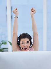 Image showing Success, winner or woman in call center excited with telemarketing sales target or goals with fists up. Wow, CRM communication or happy consultant celebrates winning an achievement or bonus deal