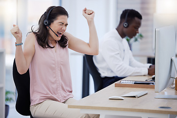 Image showing Success, winner or excited consultant in call center happy with telemarketing sales target or goals. Fists, CRM communication or woman celebrates winning an achievement or bonus deal at IT support