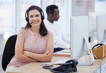 Image showing Call center, proud portrait and woman consultant, telemarketing agent or crm communication worker smile. Telecom, virtual advisor or technical support person in office online consulting or networking