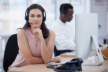 Image showing Crm, portrait or woman consulting in call center helping, consulting or talking at customer support. Computer, face or sales consultant in a telemarketing or communications company in conversation