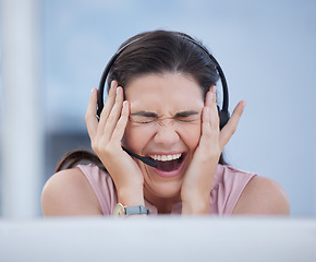 Image showing Success, wow or winner in call center with excited celebration for telemarketing sales target or goals. Hands, CRM communication or happy woman celebrates winning an achievement online or bonus deal