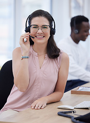 Image showing Call center, portrait and friendly woman for telemarketing sales, customer services or virtual consulting smile. Telecom, technical support or ecommerce consultant, agent or help desk worker talking