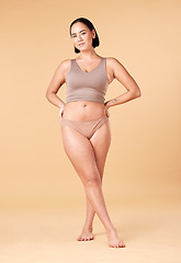 Image showing Portrait, woman and body positivity for empowerment, underwear and skincare on studio background. Face, female or lady in bikini, confidence or beauty with motivation, fitness or wellness on backdrop