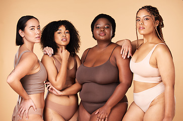 Image showing Body positive, diversity and portrait of women group together for inclusion, beauty and power. Underwear model people or friends on beige background for skincare, pride and motivation for self love