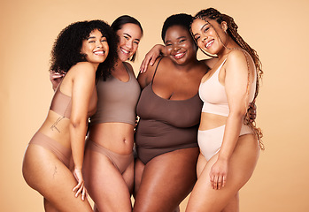 Image showing Diversity, body positive and portrait of women group together for inclusion, beauty and power. Aesthetic model people or friends on beige background with skin glow, pride and motivation for self love