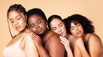 Image showing Beauty, friends and women in lingerie with eyes closed in studio isolated on a background. Body positive, face love and group diversity of female models embrace together for support and solidarity.