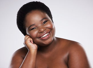 Image showing Happy black woman, portrait smile and skincare beauty with teeth, cosmetics or makeup against a gray studio background. African American female smiling in satisfaction for self love, care or facial