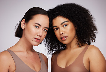 Image showing Women, face and diversity with portrait, beauty and skincare for different skin color and unique isolated on studio background. Natural cosmetics, glow and dermatology, inclusion and facial care