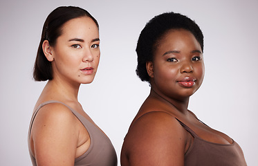 Image showing Diversity, skincare and portrait of women for beauty, wellness and plus size body positivity. Spa aesthetic, self love and face of Asian and black girl for facial cosmetics, makeup and natural glow