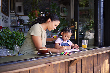 Image showing Coffee shop, black family and crayons with a mother and daughter coloring a book at a cafe window together. Art, creative and love with a woman and happy female child bonding in a restaurant