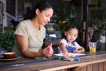 Image showing Cafe, family mother and child learning, drawing or color education with support, help and fun at restaurant. Woman or mom with girl kid writing in coffee shop for creativity, teaching and activity